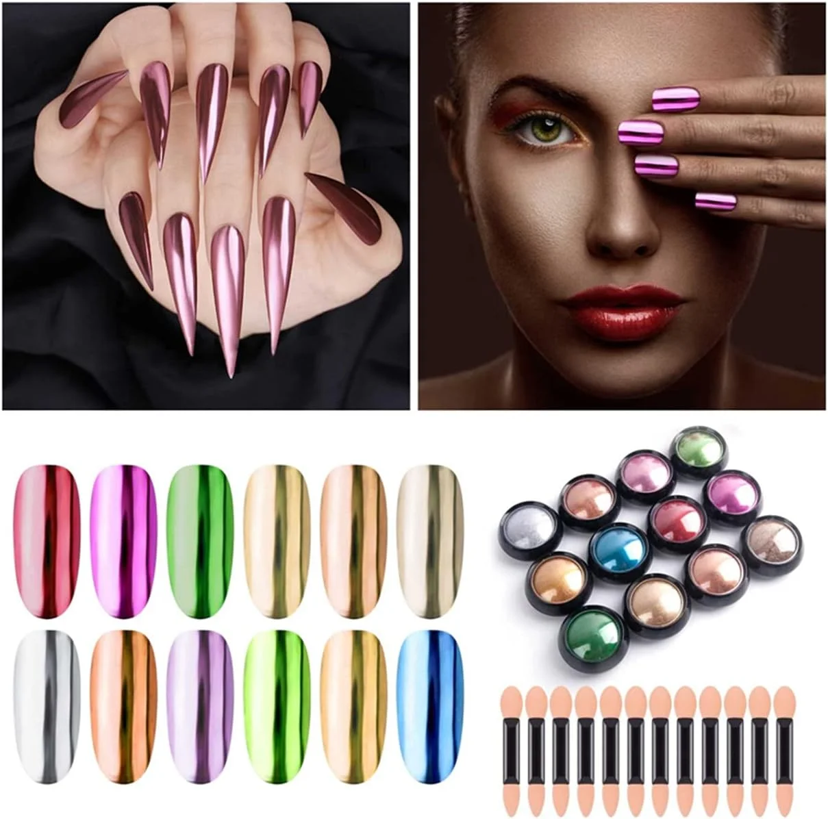 پودر ناخن کروم، پودر ناخن هولوگرافیک، پودر براق پیگمنت آینهای متالیک تغییر رنگی، مانیکور DIY با ابزار اسفنجی پودر ناخن کروم، پودر ناخن هولوگرافیک، پودر براق پیگمنت آینهای متالیک تغییر رنگی، مانیکور DIY با ابزار اسفنجی