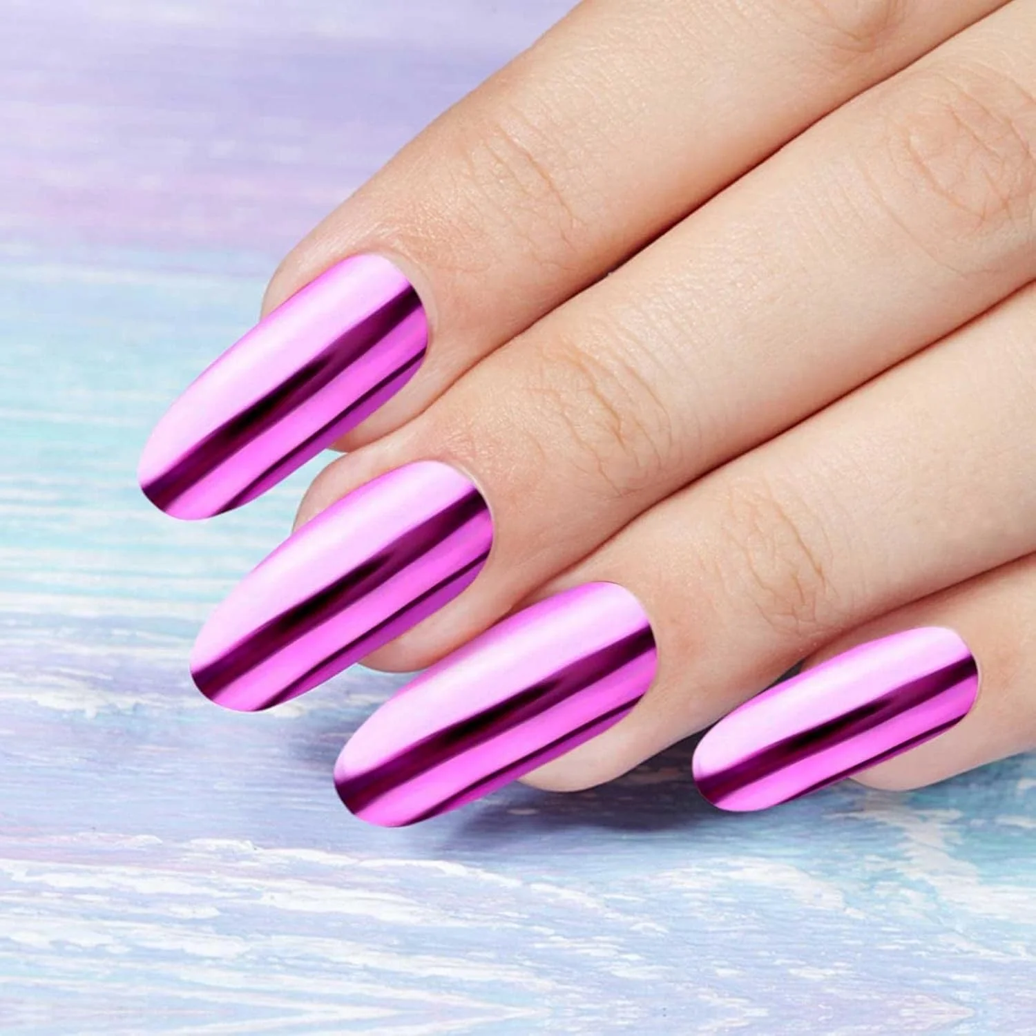 پودر ناخن کروم، پودر ناخن هولوگرافیک با جلوه آینه ای متالیک و پیگمنت آفتاب پرست براق، مانیکور DIY با ابزار اسفنجی