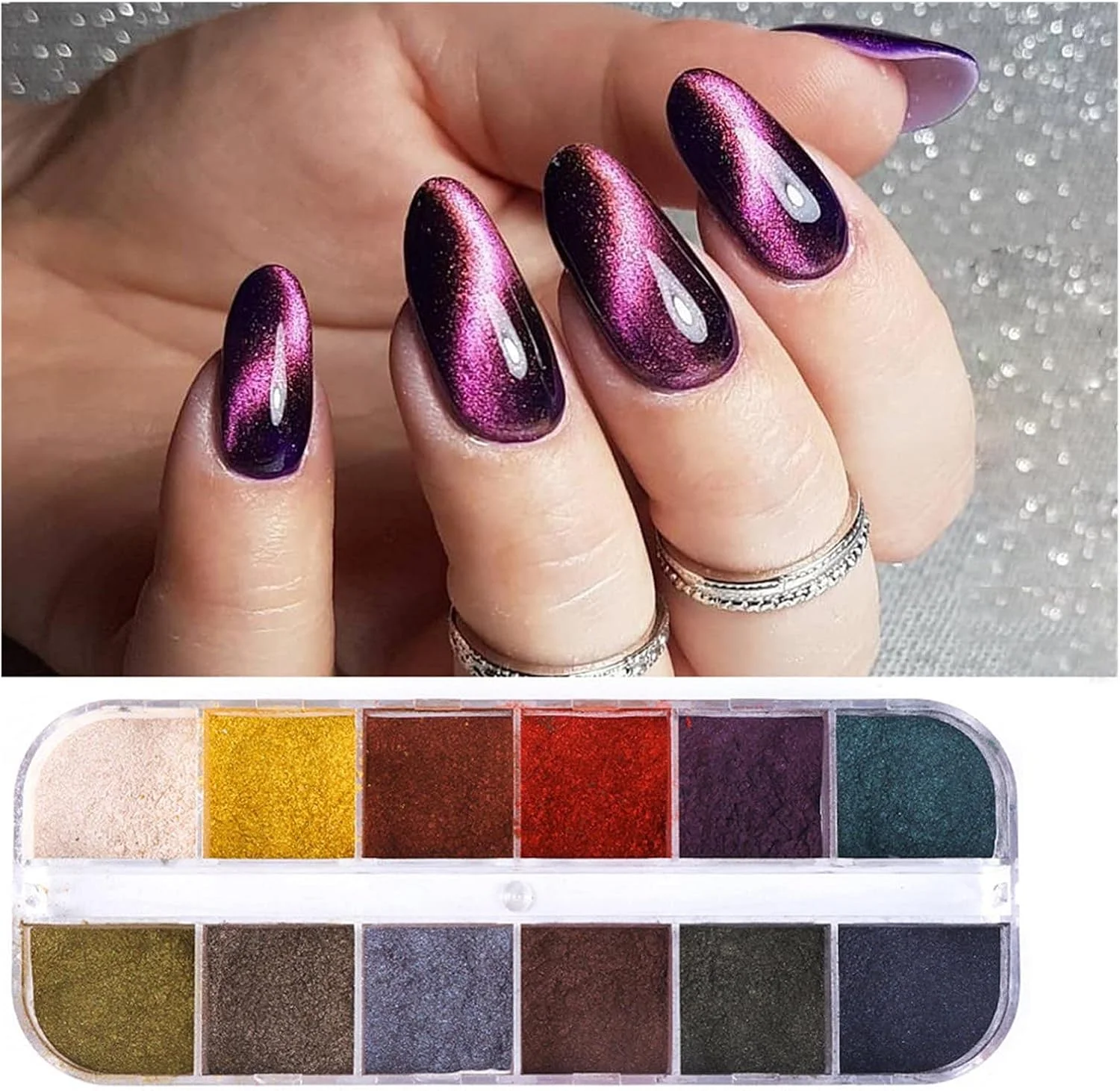 پودر درخشان ناخن با افکت آینه ای و چشم گربه ای سه بعدی، پودر براق کننده ناخن، پودر رنگی طراحی ناخن، پیگمنت کروم تغییر رنگ (چند رنگ)