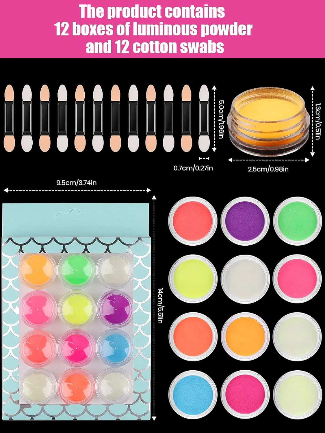 پودر رنگدانه‌ شب‌تاب ناخن Kalolary، 12 جعبه، پودر ناخن رنگ نئون شب‌تاب، لاک اکلیلی گرادیانی آکریلیک رنگی برای سایه چشم، آرایش صورت و بدن، تزئین ناخن