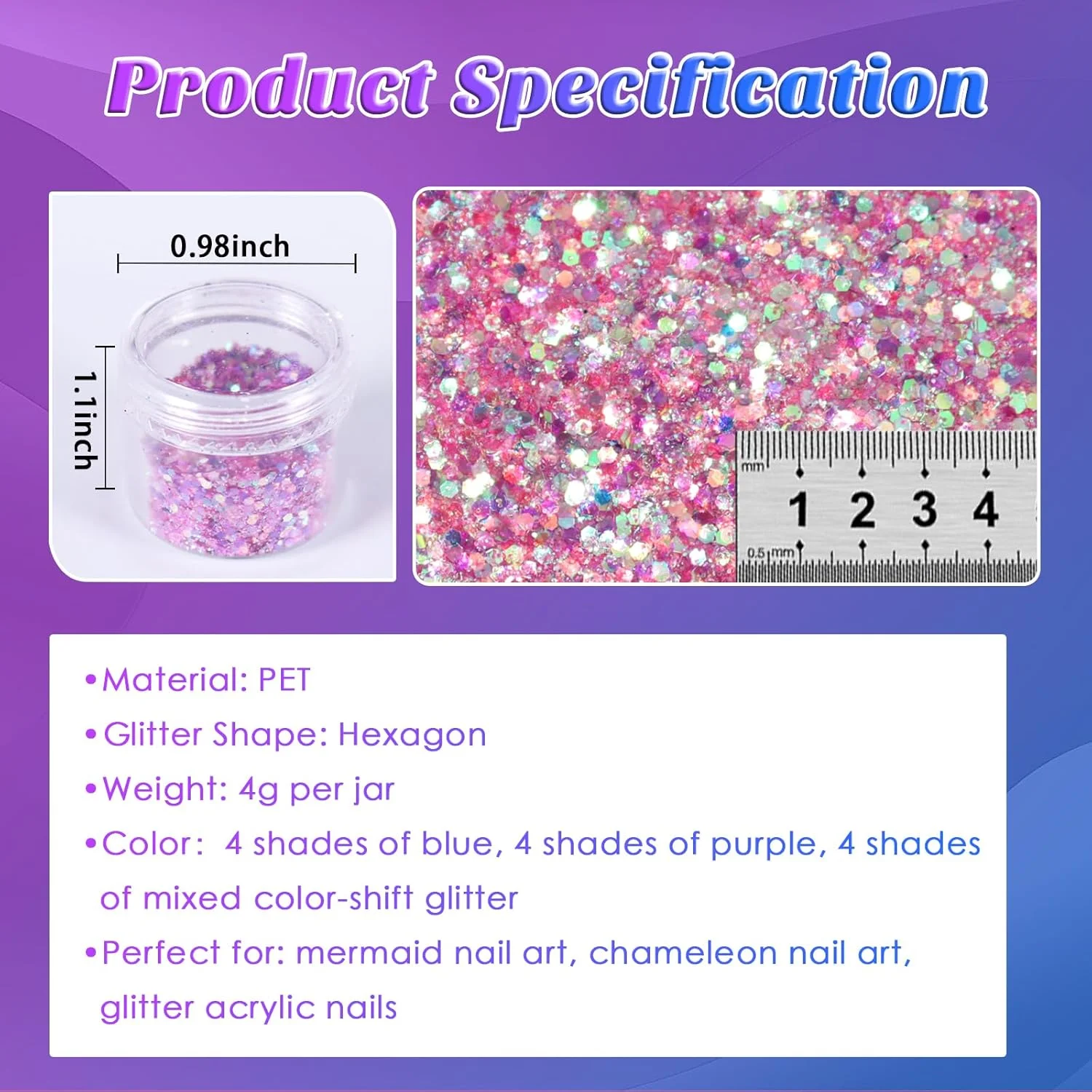 پودر اکریلیک طراحی ناخن Laza با 12 رنگ اکلیلی، پولک های مخلوط، پولک های رنگین کمانی، پولک های فوق العاده نازک، جعبه بزرگ 120 گرمی برای آرایش صورت، چشم، بدن و مو - پری دریایی