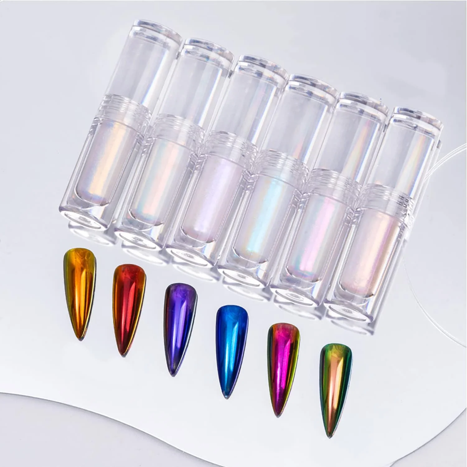 پودر ناخن مایع مرواریدی، پودر یخ رنگین کمانی شفق قطبی، پودر کروم هولوگرافیک آینه‌ای رنگین‌تاب، رنگدانه براق با درخشش بالا برای طراحی ناخن در خانه و ناخن مصنوعی