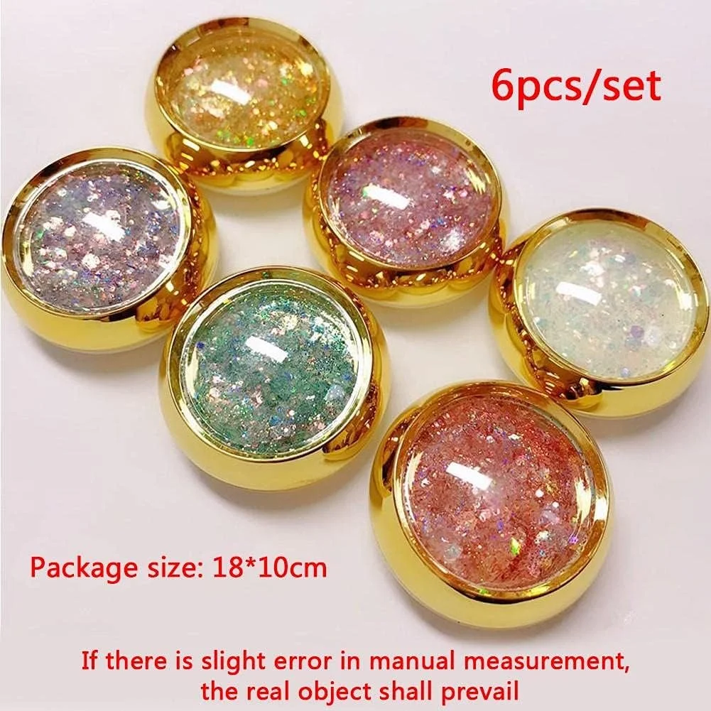 ست ظریف 1 ست 6 جعبه ای اکلیل ناخن هولوگرافیک، بطری طلایی، پولک های DIY، پودر اکلیل شش ضلعی، پولک های پری دریایی برای ناخن، مناسب برای تزئین ناخن