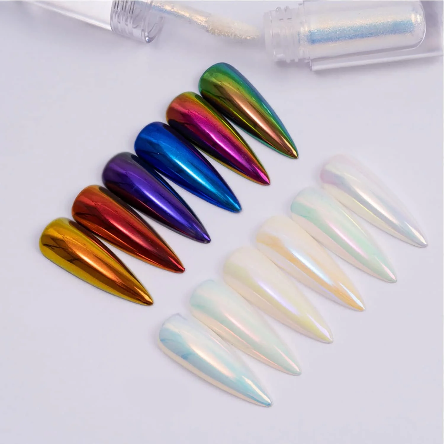پودر ناخن مایع مرواریدی، پودر یخ رنگین کمانی شفق قطبی، پودر کروم هولوگرافیک آینه‌ای رنگین‌تاب، رنگدانه براق با درخشش بالا برای طراحی ناخن در خانه و ناخن مصنوعی