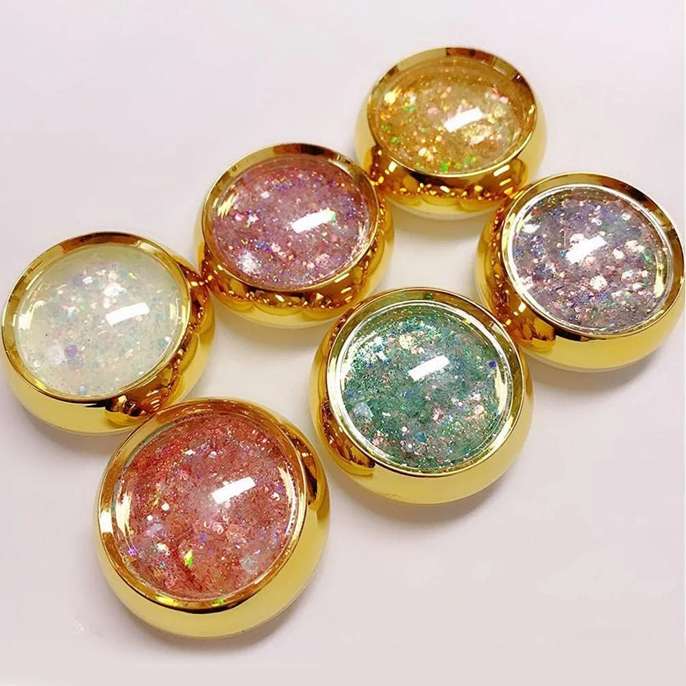 ست ظریف 1 ست 6 جعبه ای اکلیل ناخن هولوگرافیک، بطری طلایی، پولک های DIY، پودر اکلیل شش ضلعی، پولک های پری دریایی برای ناخن، مناسب برای تزئین ناخن