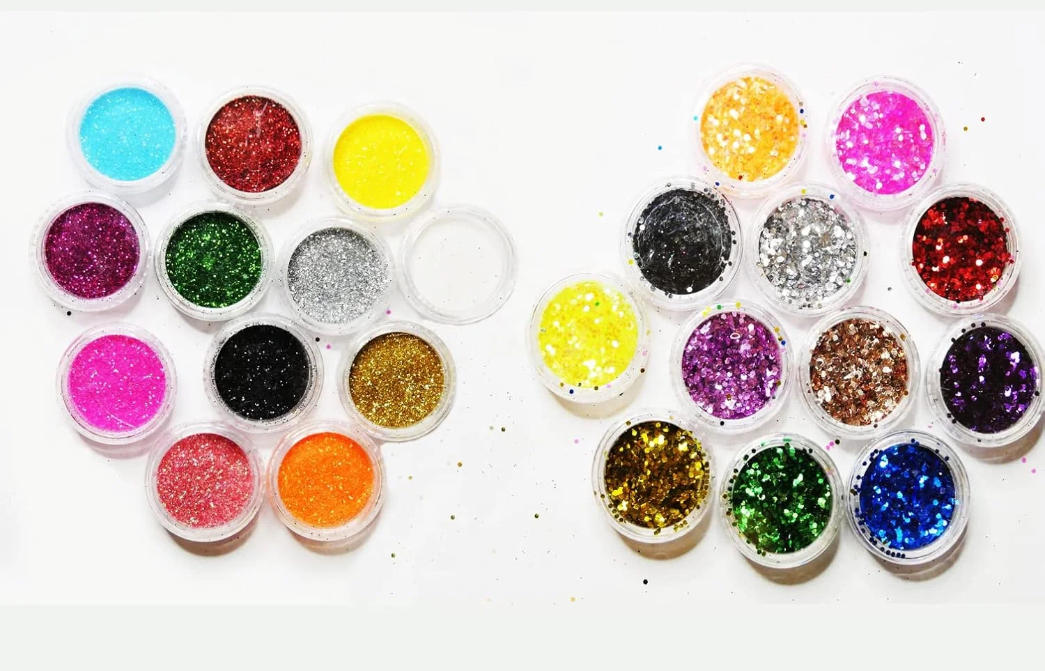 مجموعه ۲۴ رنگ اکلیل درشت و ریز، پولک و پودر اکلیل ریز، مناسب آرایش صورت، بدن، چشم، مو، طراحی ناخن و رزین