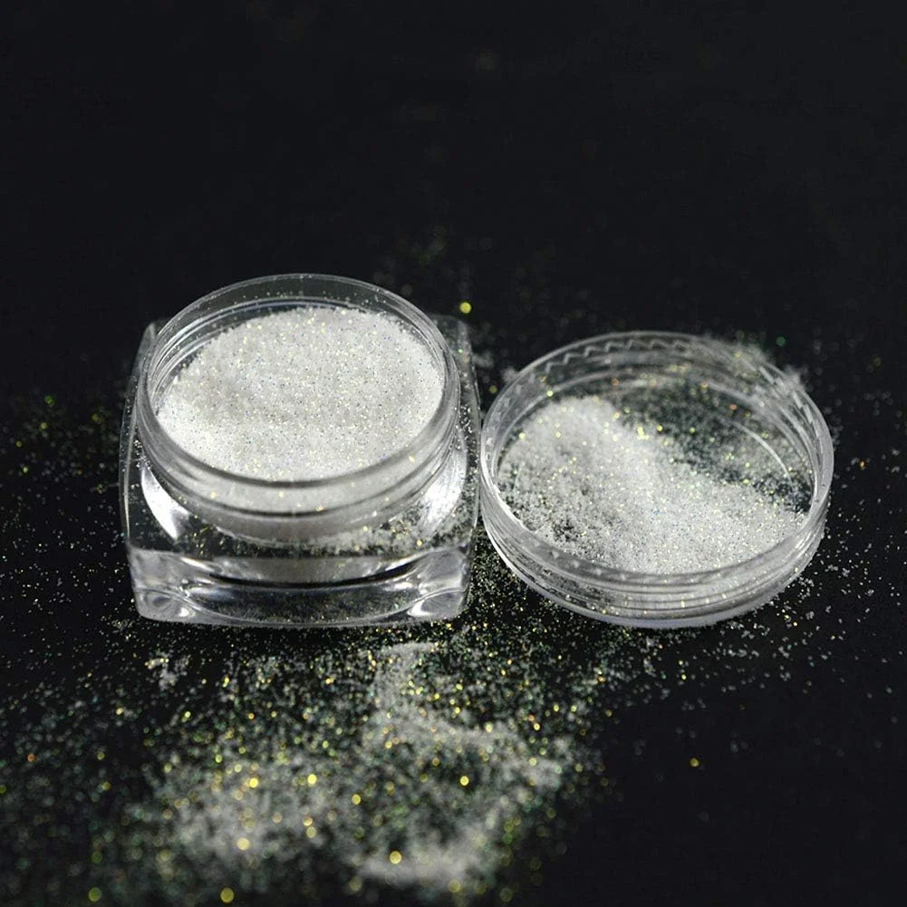 پودر براق کننده ناخن سفید رنگین کمانی، پودر پوشش قندی براق کننده ناخن با جلوه پوشش قندی