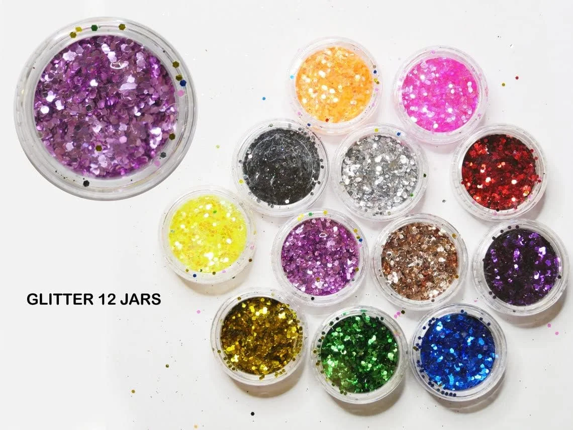 مجموعه ۲۴ رنگ اکلیل درشت و ریز، پولک و پودر اکلیل ریز، مناسب آرایش صورت، بدن، چشم، مو، طراحی ناخن و رزین