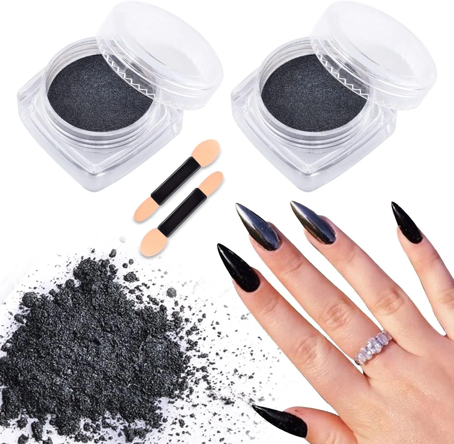 پودر ناخن کروم هولوگرافیک با جلوه مشکی، پودر آینه ای متالیک کروم، پیگمنت های براق مانیکور برای طراحی ناخن، 2 جعبه به همراه 2 عدد اپلیکاتور سایه چشم
