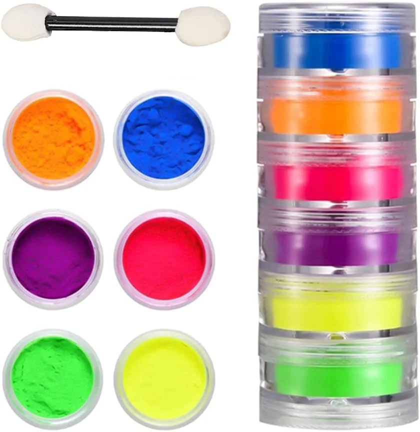 یک ست پودر ناخن شب تاب در ۶ رنگ، پودرهای اکلیلی ناخن، لاک ناخن شب تاب، رنگ های فلورسنت رنگارنگ، رنگدانه های ناخن، گرد و غبار اکلیلی ناخن، گرادینت رنگین کمانی ناخن