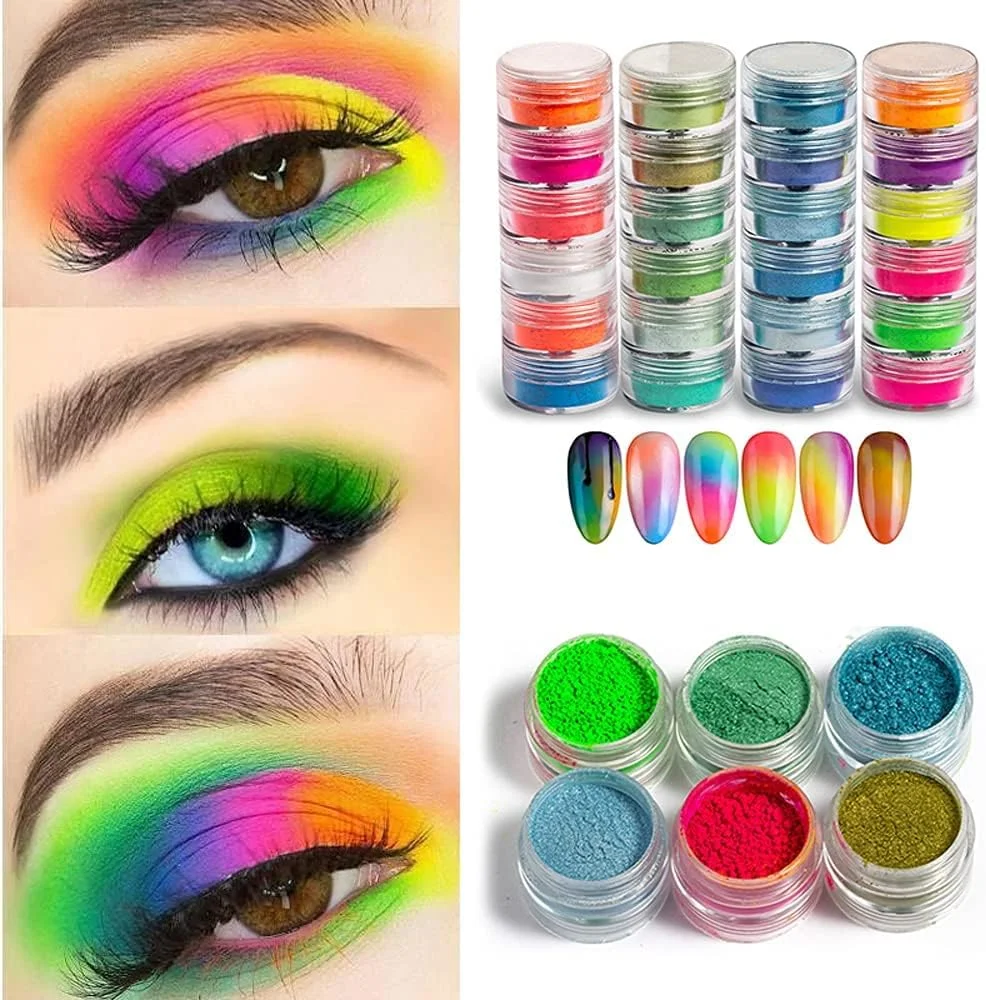 یک ست پودر ناخن شب تاب در ۶ رنگ، پودرهای اکلیلی ناخن، لاک ناخن شب تاب، رنگ های فلورسنت رنگارنگ، رنگدانه های ناخن، گرد و غبار اکلیلی ناخن، گرادینت رنگین کمانی ناخن