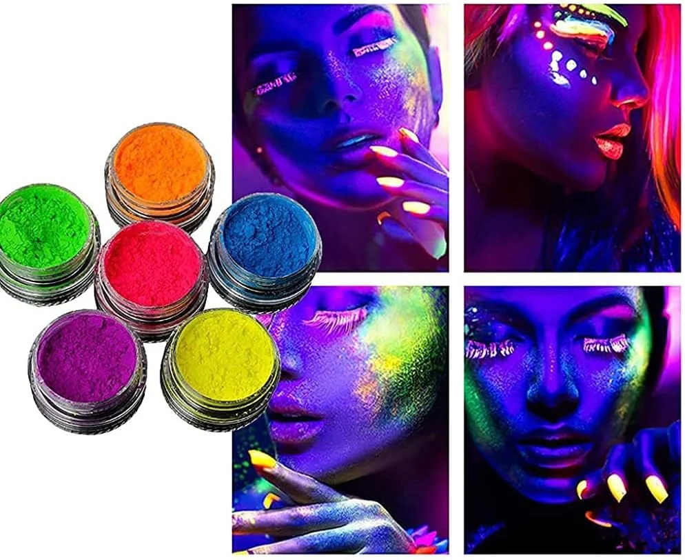 یک ست پودر ناخن شب تاب در ۶ رنگ، پودرهای اکلیلی ناخن، لاک ناخن شب تاب، رنگ های فلورسنت رنگارنگ، رنگدانه های ناخن، گرد و غبار اکلیلی ناخن، گرادینت رنگین کمانی ناخن