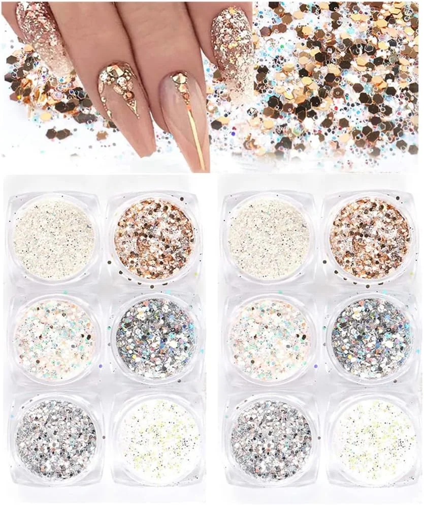 مجموعه پولک و اکلیل های هنری ناخن هولوگرافیک FANJEIS، 12 جعبه پولک سه بعدی براق متالیک، پودر اکریلیک درخشان برای تزئین ناخن، نکات مانیکور هولوگرافیک (رنگ قدیمی - 2 مجموعه)