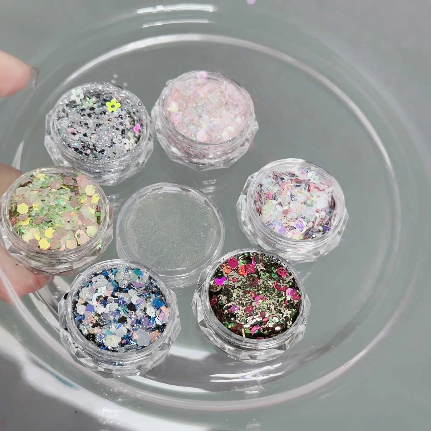 پودر اکلیل خالص ADHERE، 6 عدد، مناسب ناخن و صنایع دستی، به همراه ژل مخلوط کننده و میله، پودر اکلیل چند منظوره، پولک های براق و درخشان، مناسب سالن های ناخن، هنر رزین، اپوکسی UV و ساخت اسلایم