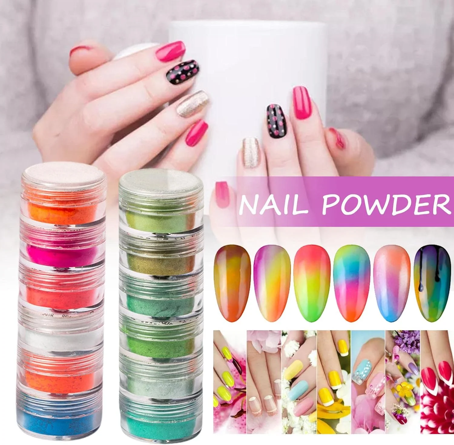 پودر اکلیل ناخن با افکت پوشش شکری، رنگدانه طراحی ناخن، پودر آغشته کننده طراحی ناخن، اکلیل براق نوک ناخن برای تزئین و مانیکور DIY (6 جعبه)