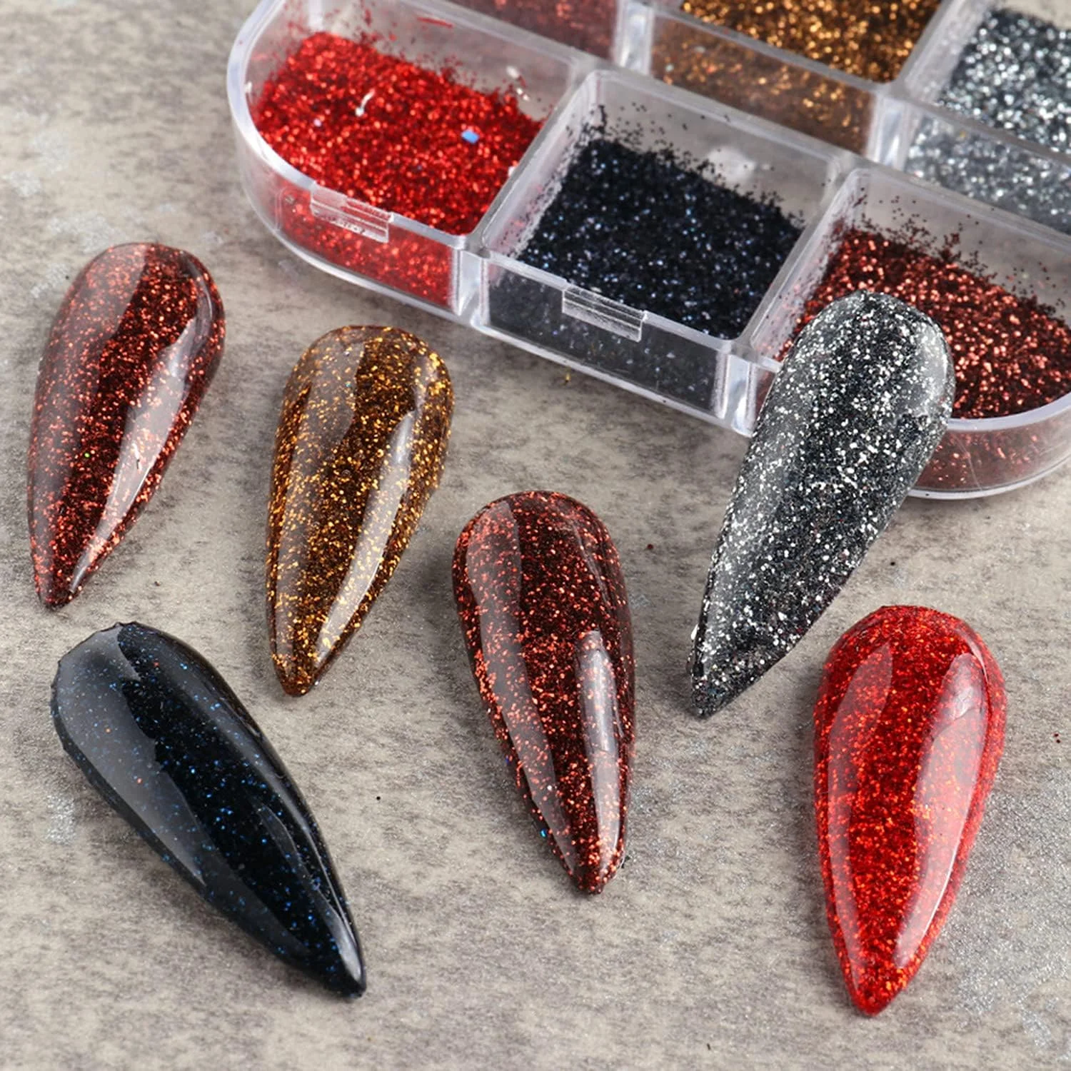 پودر طراحی ناخن لیزری اکلیلی در 6 رنگ، پودرهای اکلیلی ناخن براق، طراحی ناخن، گرادیان رنگین کمانی، لوازم طراحی ناخن برای زنان و دختران، تزئینات جذاب نوک مانیکور