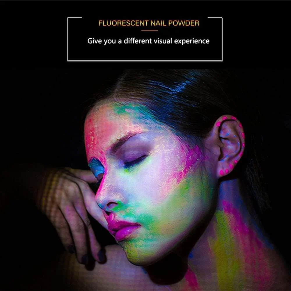 یک ست پودر شب‌تاب ناخن در ۶ رنگ، پودرهای اکلیلی ناخن، لاک ناخن شب‌تاب رنگارنگ، رنگ فلورسنت، پیگمنت ناخن، گرد اکلیلی ناخن، گرادینت رنگین‌تاب