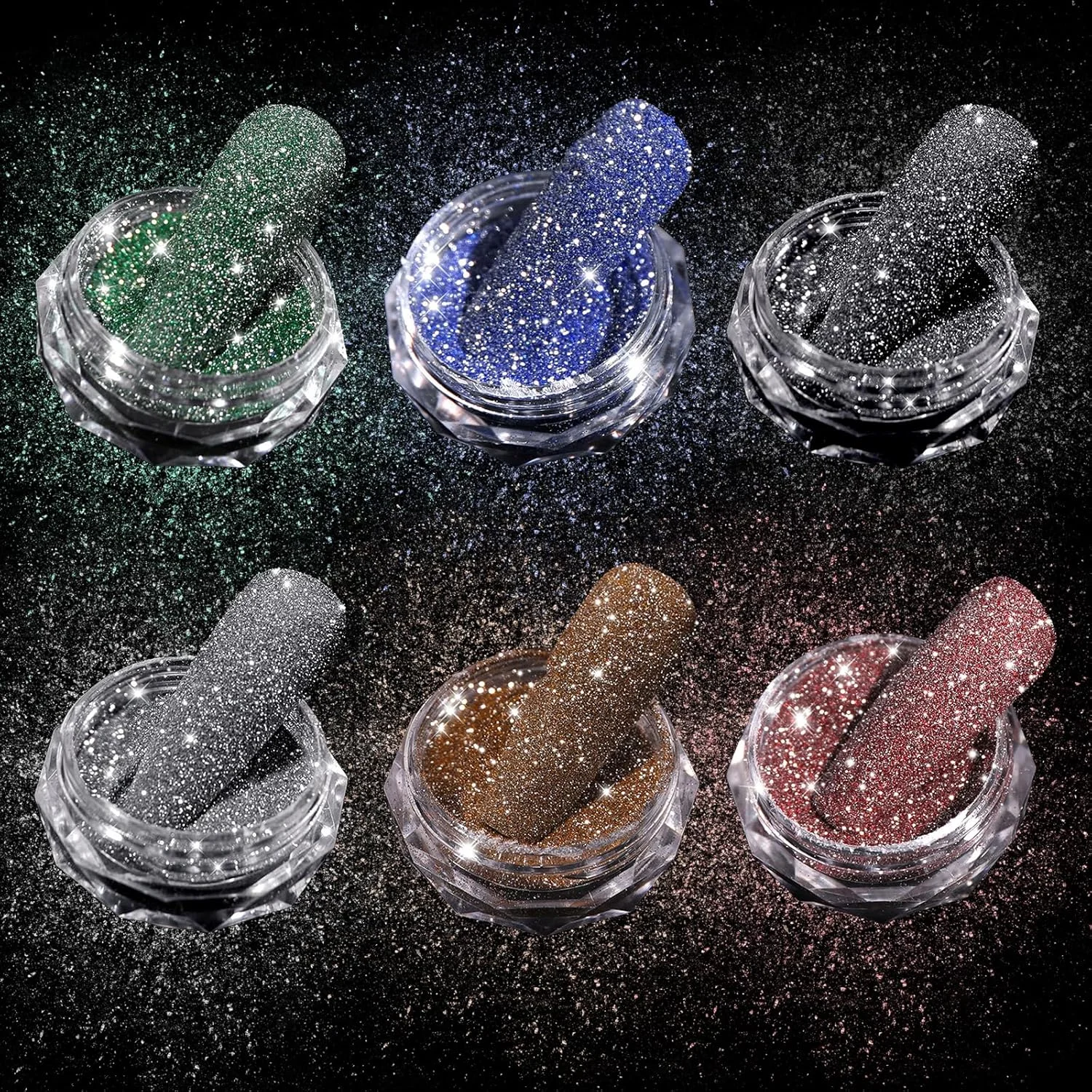 پودر اکلیل ناخن در 6 رنگ، 1 گرم پودر اکلیل برای طراحی ناخن، نقره ای طلایی سبز بنفش صورتی آبی، مناسب طراحی ناخن، مانیکور، مهمانی و جشن، همراه با 1 عدد اسفنج دو طرفه