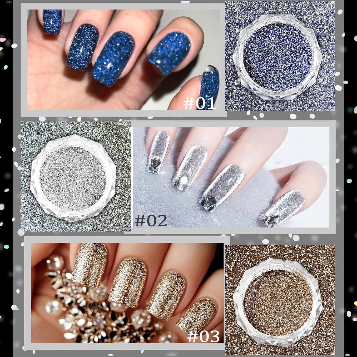 پودر اکلیل ناخن در 6 رنگ، 1 گرم پودر اکلیل برای طراحی ناخن، نقره ای طلایی سبز بنفش صورتی آبی، مناسب طراحی ناخن، مانیکور، مهمانی و جشن، همراه با 1 عدد اسفنج دو طرفه