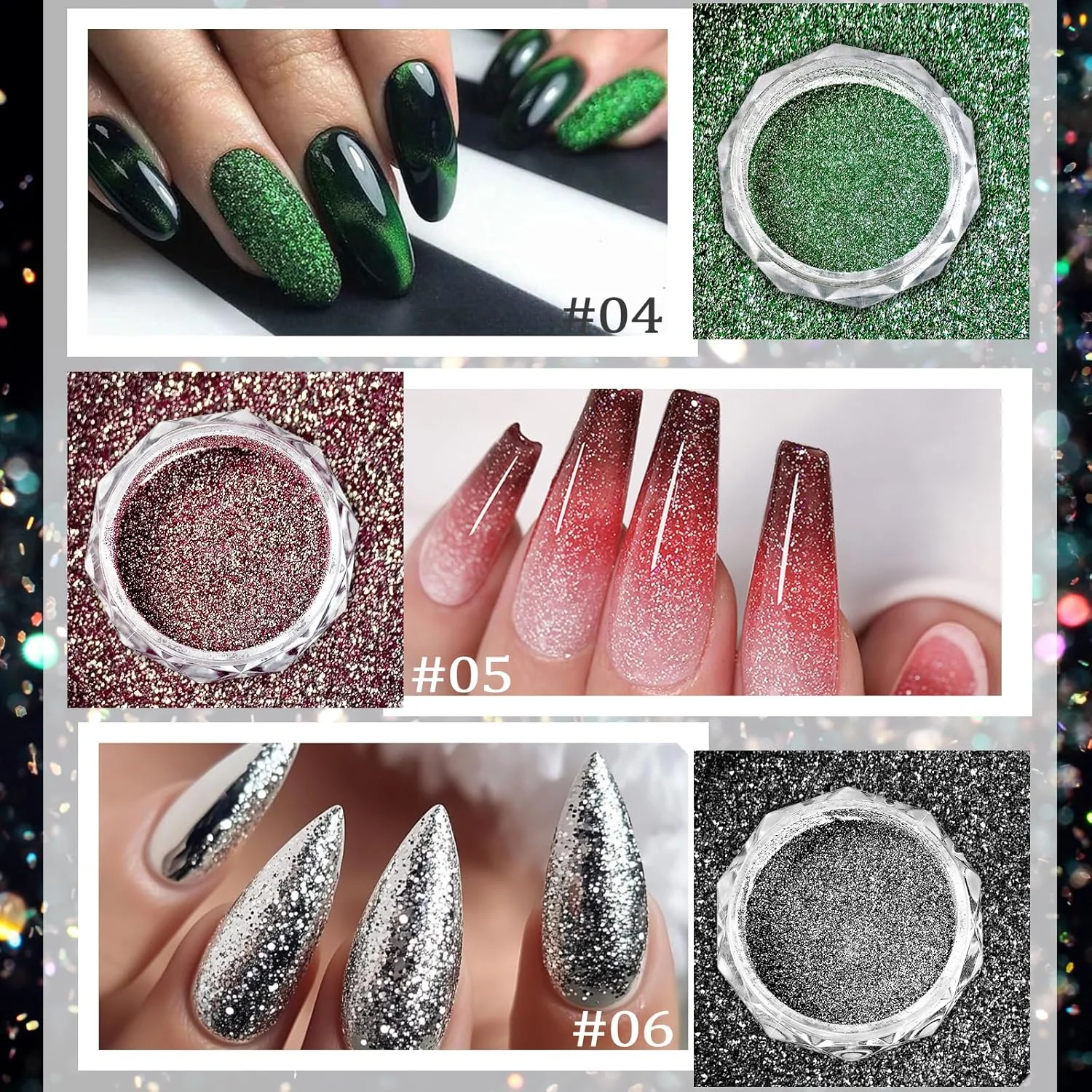 پودر اکلیل ناخن در 6 رنگ، 1 گرم پودر اکلیل برای طراحی ناخن، نقره ای طلایی سبز بنفش صورتی آبی، مناسب طراحی ناخن، مانیکور، مهمانی و جشن، همراه با 1 عدد اسفنج دو طرفه