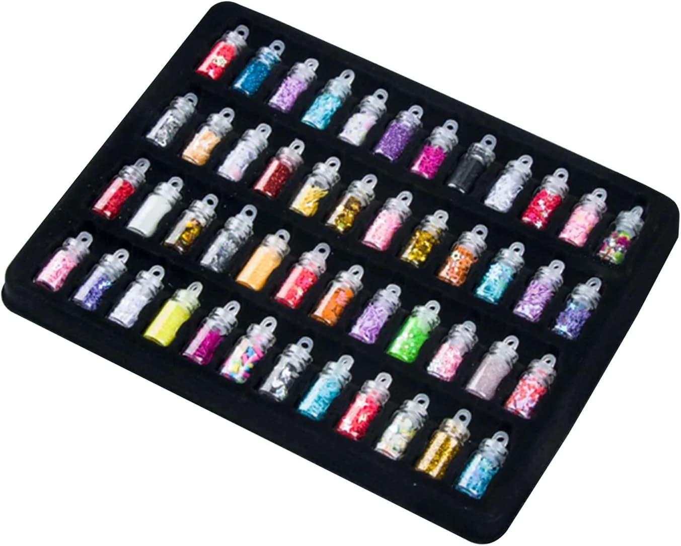 بطری شیشه ای پودر صدف ۴۸ رنگ، تزئین ناخن با پودر صدف ۴۸ رنگ، تکه های صدف، اکلیل ناخن صدف، لاک ناخن (مشکی، تک سایز)