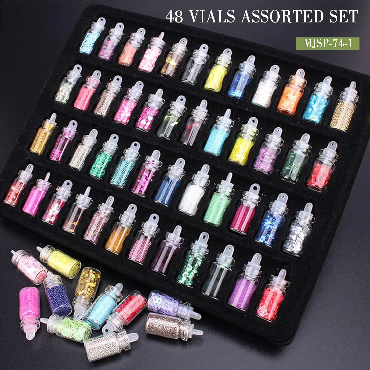 بطری شیشه ای پودر صدف ۴۸ رنگ، تزئین ناخن با پودر صدف ۴۸ رنگ، تکه های صدف، اکلیل ناخن صدف، لاک ناخن (مشکی، تک سایز)