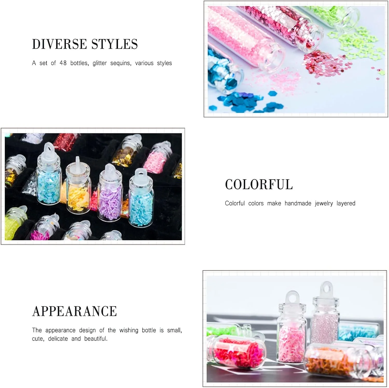 بطری شیشه ای پودر صدف ۴۸ رنگ، تزئین ناخن با پودر صدف ۴۸ رنگ، تکه های صدف، اکلیل ناخن صدف، لاک ناخن (مشکی، تک سایز)