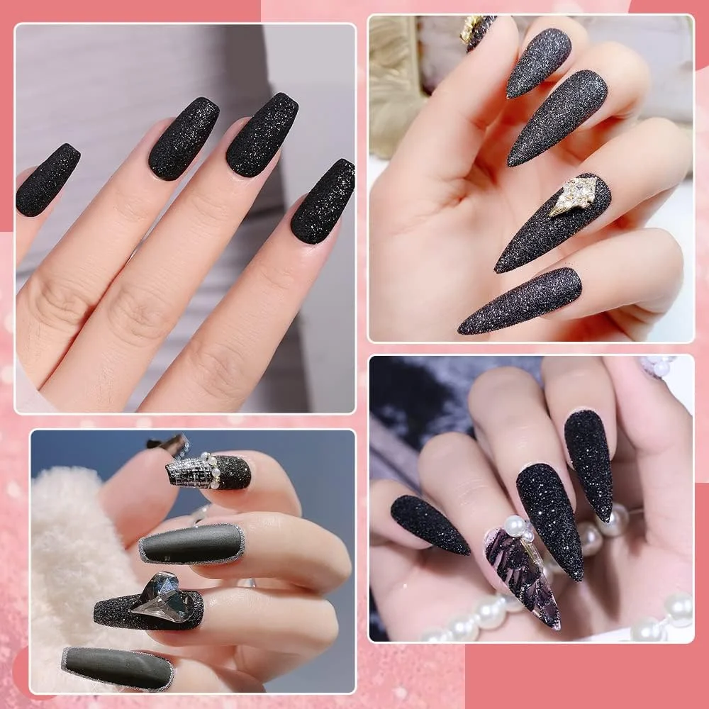 پودر اکلیل ناخن شکر گرد و غبار مشکی - پودر اکلیل اثر درخشان شن و ماسه الماس، تزئینات مانیکور طراحی ژاکت ناخن با روکش آب نبات فرانسوی بسیار ظریف