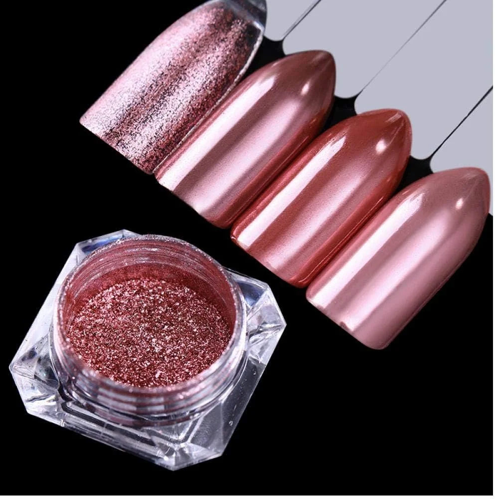 پودر طلایی-صورتی برای طراحی ناخن با جلوه آینه‌ای، پودر براق تزئینی برای مانیکور، مناسب برای طراحی ناخن، ۱ گرم در هر بطری