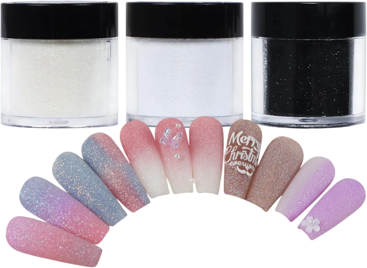 پودر اکلیل ناخن در 3 رنگ، 10 گرم پودر اکلیل برای طراحی ناخن مشکی سفید شفاف برای طراحی ناخن DIY مانیکور مهمانی جشنواره