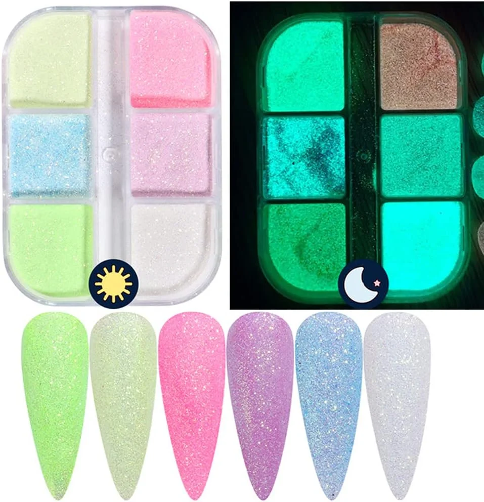 پودر اکلیل ناخن شب‌تاب هولوگرافیک، کیت 6 رنگ لوازم طراحی ناخن، رنگدانه‌های فلورسنت براق سه بعدی، پودر اکریلیک ناخن، گرد و غبار، اکلیل درخشان پری دریایی، طراحی نوک مانیکور، تزئینات ناخن