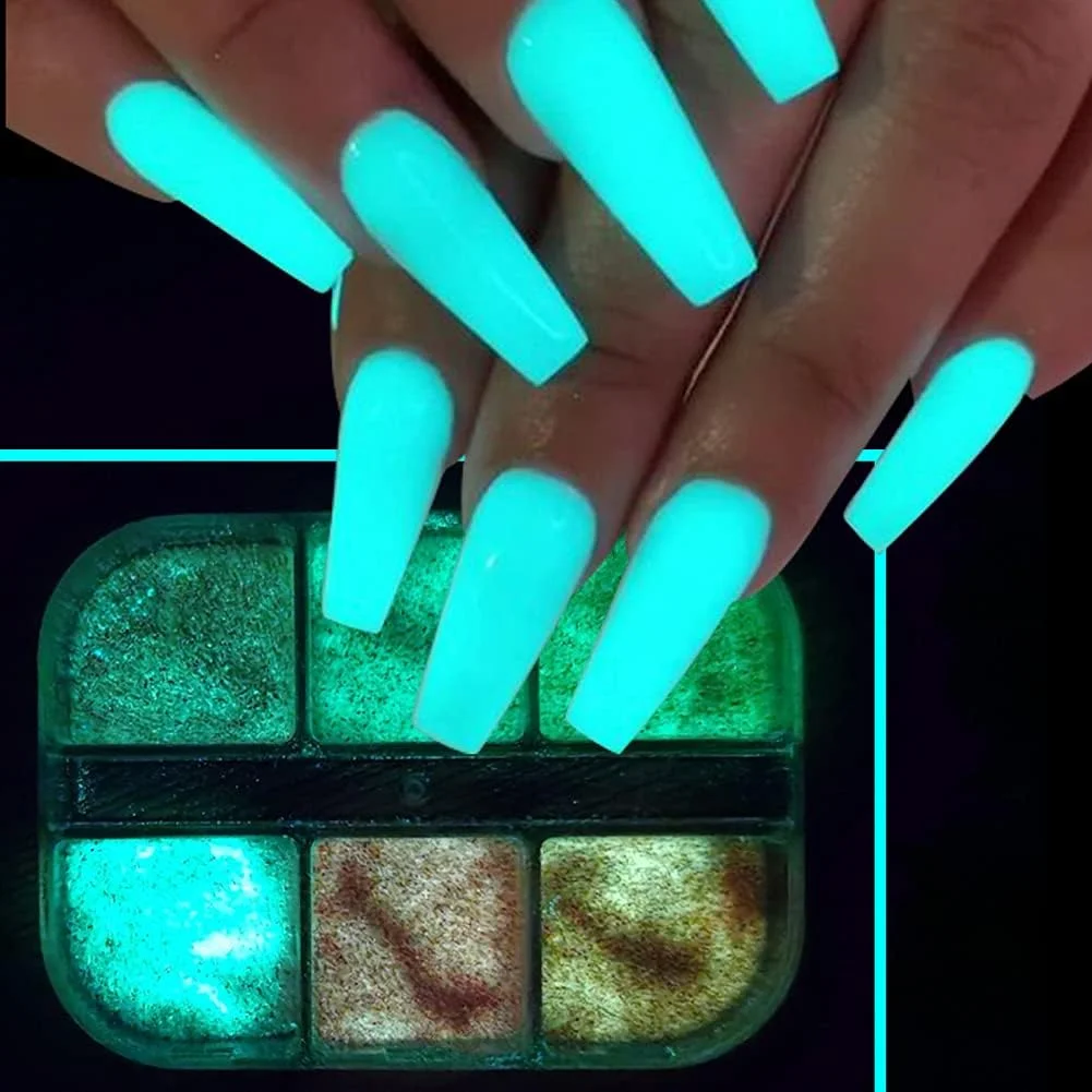 پودر اکلیل ناخن شب‌تاب هولوگرافیک، کیت 6 رنگ لوازم طراحی ناخن، رنگدانه‌های فلورسنت براق سه بعدی، پودر اکریلیک ناخن، گرد و غبار، اکلیل درخشان پری دریایی، طراحی نوک مانیکور، تزئینات ناخن