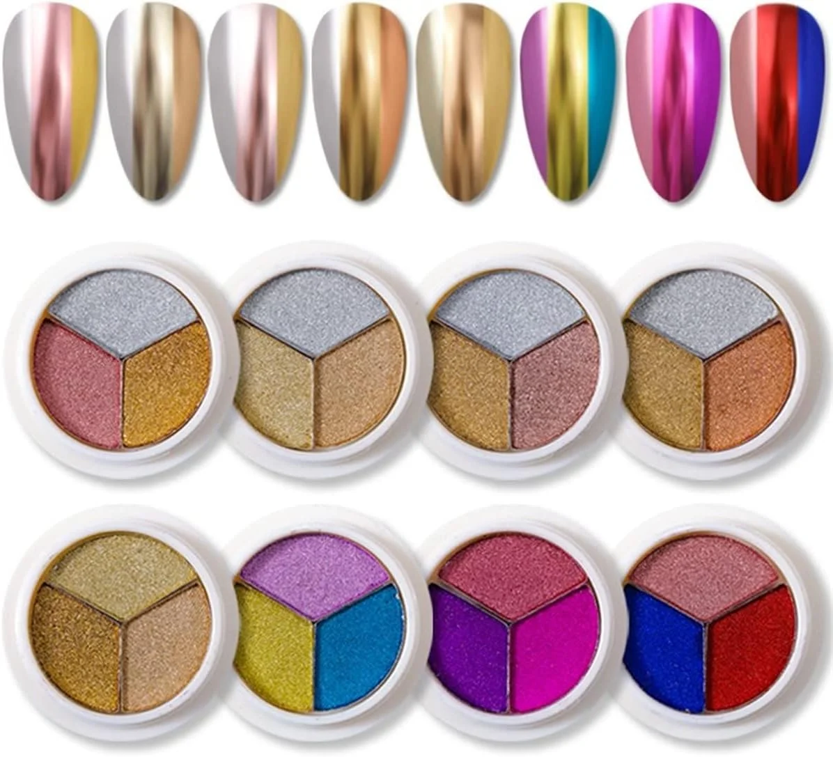 پودر ناخن لیزری هولوگرافیک 8 عددی، پودر ناخن کروم سه رنگ، پودر آینه ای اکلیلی رنگین کمانی ناخن (8 عدد)
