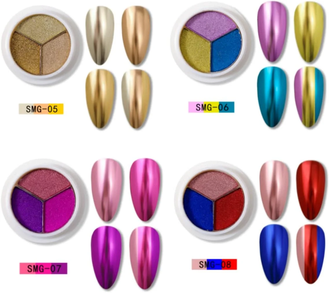 پودر ناخن لیزری هولوگرافیک 8 عددی، پودر ناخن کروم سه رنگ، پودر آینه ای اکلیلی رنگین کمانی ناخن (8 عدد)