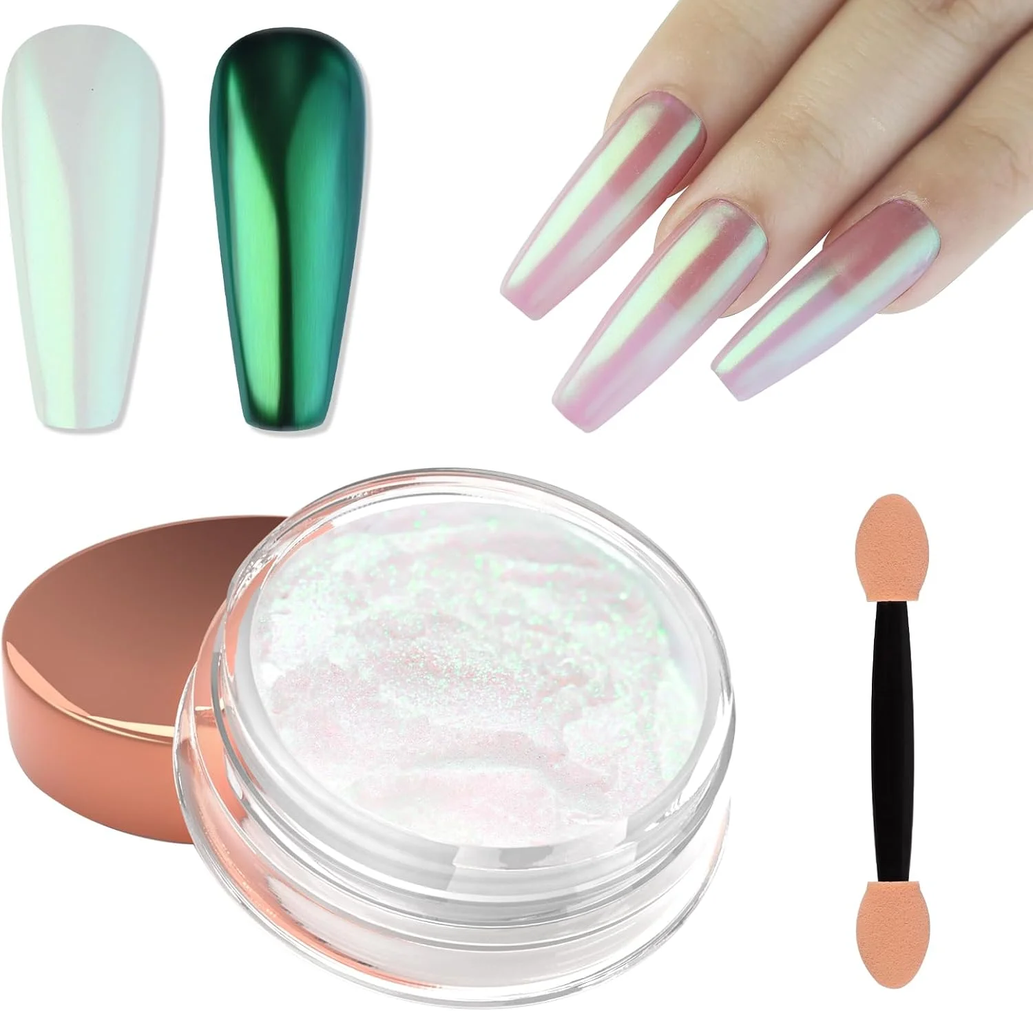 پودر ناخن کروم مرواریدی پری دریایی Laza، پیگمنت اثر آینه ای متالیک دونات لعاب دار، اکلیل ناخن شفق قطبی رنگین کمانی، لوازم هنر ناخن ژل گرد و غبار پری هولوگرافیک، رزین کرافت - سیب سبز