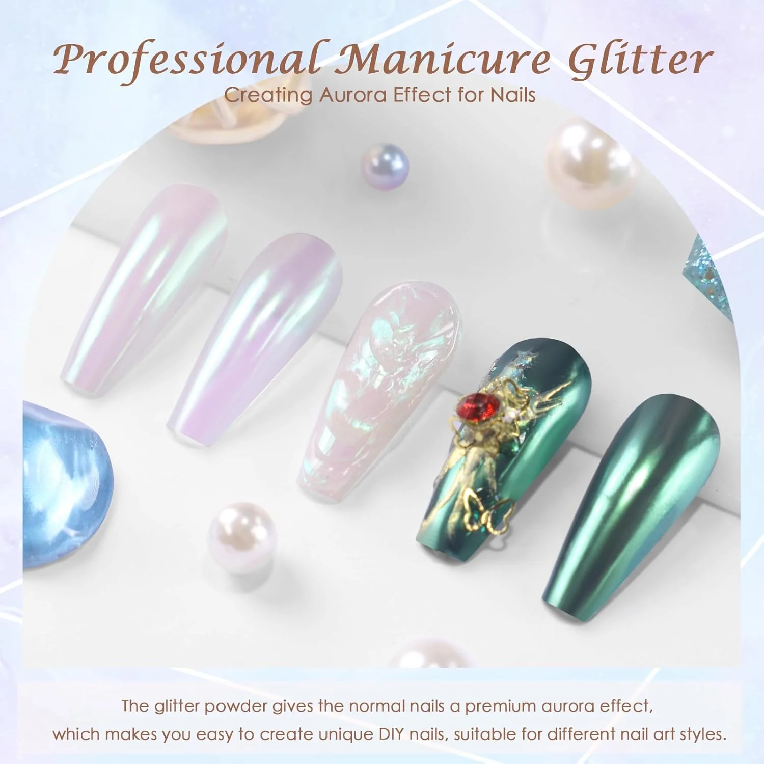 پودر ناخن کروم مرواریدی پری دریایی Laza، پیگمنت اثر آینه ای متالیک دونات لعاب دار، اکلیل ناخن شفق قطبی رنگین کمانی، لوازم هنر ناخن ژل گرد و غبار پری هولوگرافیک، رزین کرافت - سیب سبز