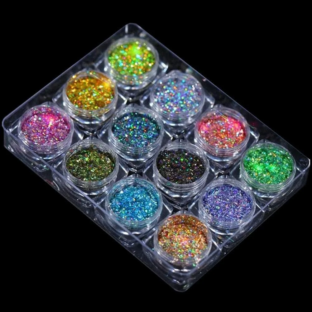 پودر اکلیل ناخن 12 عددی / ست، پولک های رنگین کمانی، اکلیل طلایی نقره ای فوق العاده براق، تزئینات مانیکور ناخن
