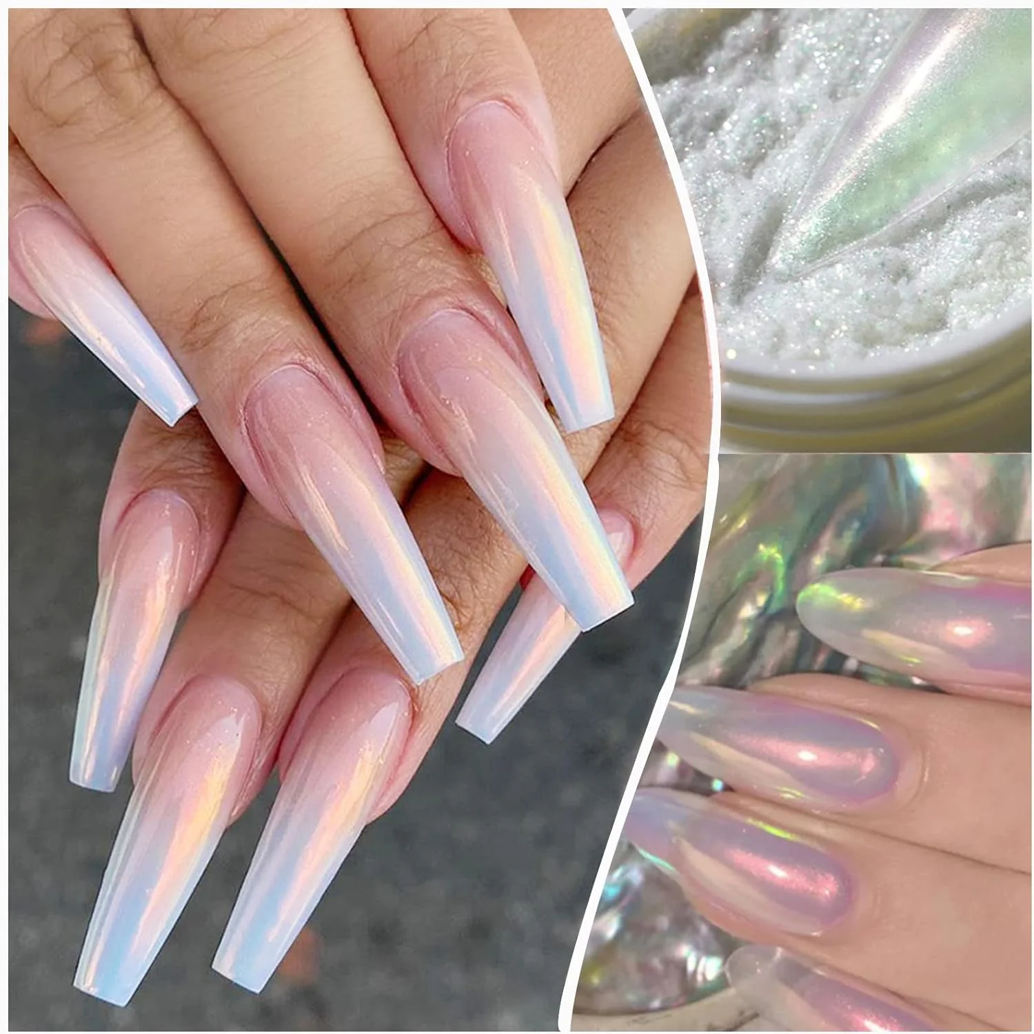 پودر ناخن کروم مروارید سفید، پودر هنر ناخن شیمر یخی آرورا، پودر اکلیلی جواهرات ناخن صدفی، پودر ناخن با اثر آینه ای نئون پری دریایی برای سالن DIY، 6 جعبه