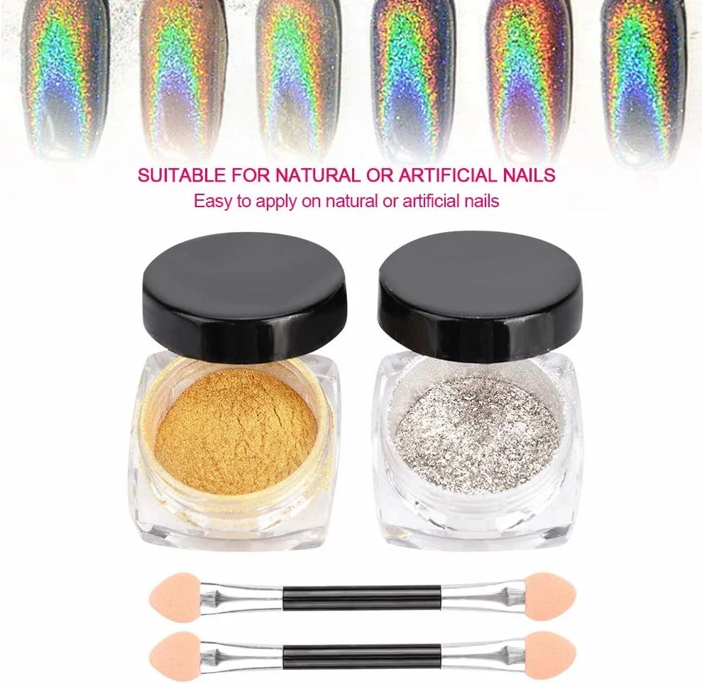 پودرهای براق اکلیلی متالیک نقره ای طلایی با جلوه آینه ای برای طراحی ناخن، نکات تزئین ناخن DIY