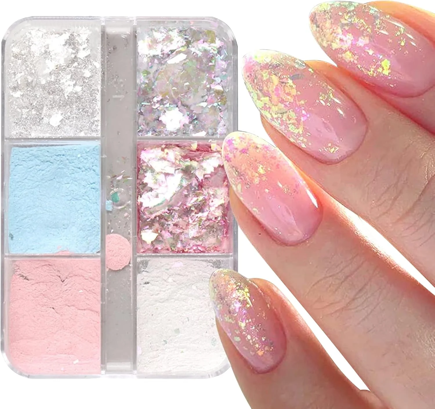 پولک های اکلیلی طراحی ناخن، 1 جعبه 6 خانه ای پولک های اکلیلی رنگین کمانی هولوگرافیک، پودر رنگدانه طراحی ناخن پری دریایی با جلوه آینه جادویی، پودر کروم برای تزئین طراحی ناخن