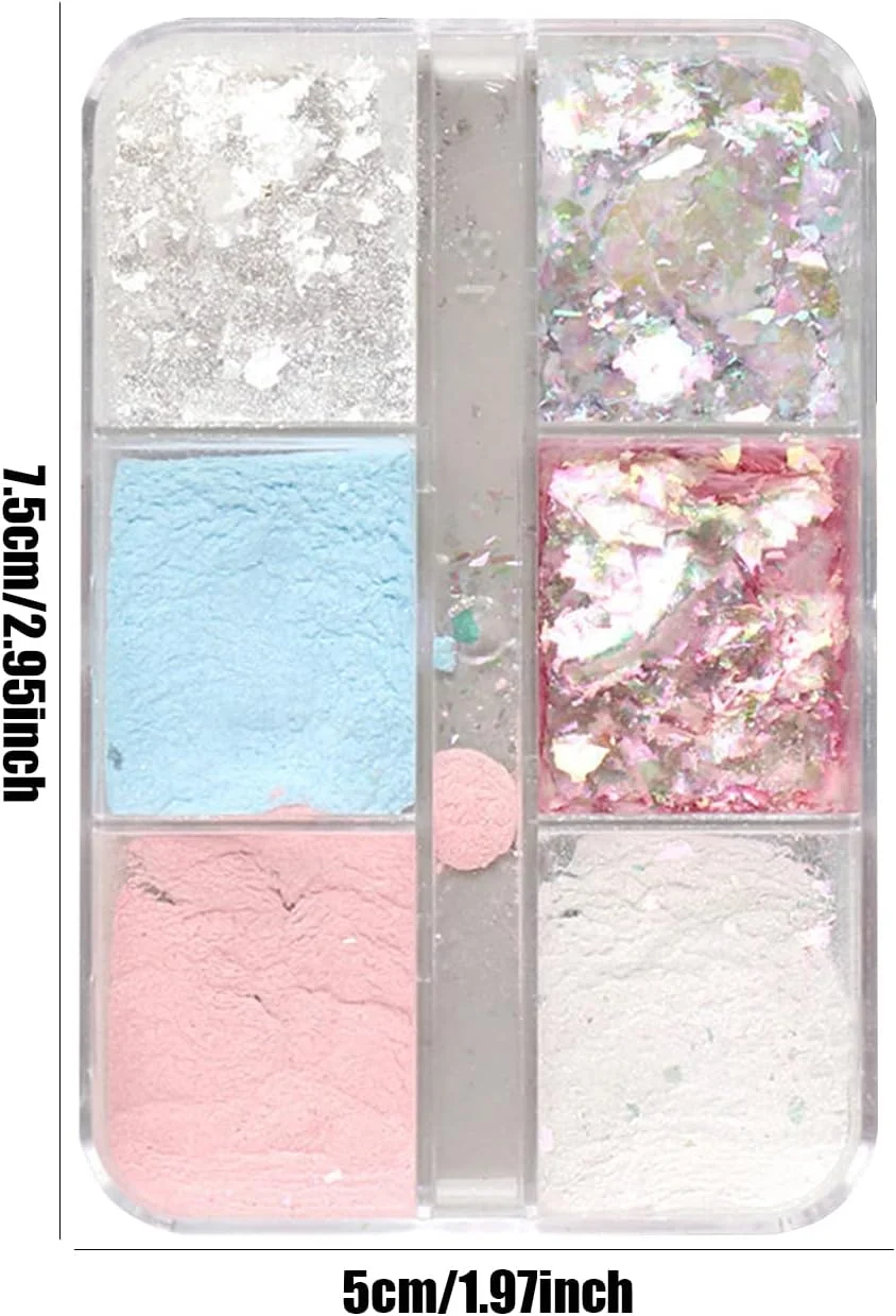 پولک های اکلیلی طراحی ناخن، 1 جعبه 6 خانه ای پولک های اکلیلی رنگین کمانی هولوگرافیک، پودر رنگدانه طراحی ناخن پری دریایی با جلوه آینه جادویی، پودر کروم برای تزئین طراحی ناخن