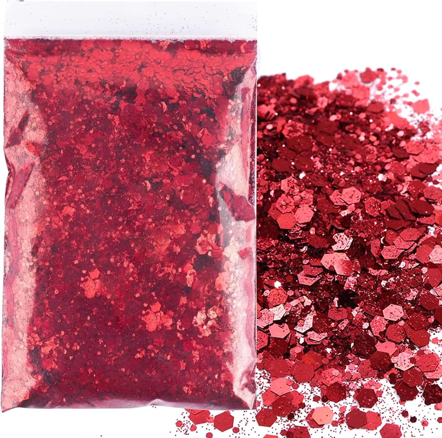 پودر اکلیل قرمز مخلوط 50 گرمی، پودر اکلیل صنایع دستی برای رزین اپوکسی، تزئین مو، صورت، چشم، ناخن، آرایش جشنواره، چهار اندازه (0.2 میلی متر، 1 میلی متر، 2 میلی متر، 3 میلی متر)