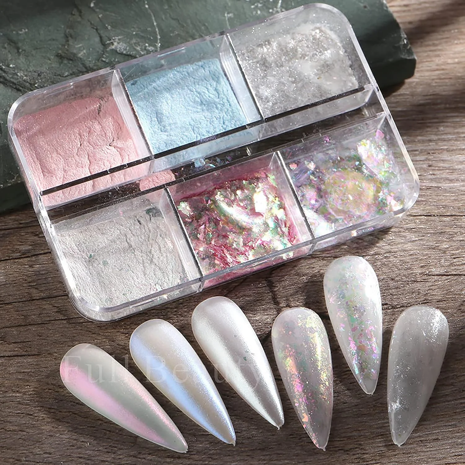 پولک های اکلیلی طراحی ناخن، 1 جعبه 6 خانه ای پولک های اکلیلی رنگین کمانی هولوگرافیک، پودر رنگدانه طراحی ناخن پری دریایی با جلوه آینه جادویی، پودر کروم برای تزئین طراحی ناخن