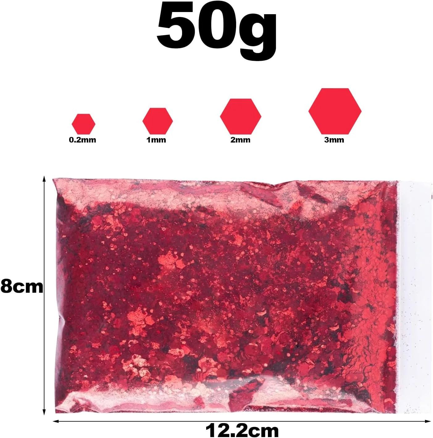 پودر اکلیل قرمز مخلوط 50 گرمی، پودر اکلیل صنایع دستی برای رزین اپوکسی، تزئین مو، صورت، چشم، ناخن، آرایش جشنواره، چهار اندازه (0.2 میلی متر، 1 میلی متر، 2 میلی متر، 3 میلی متر)