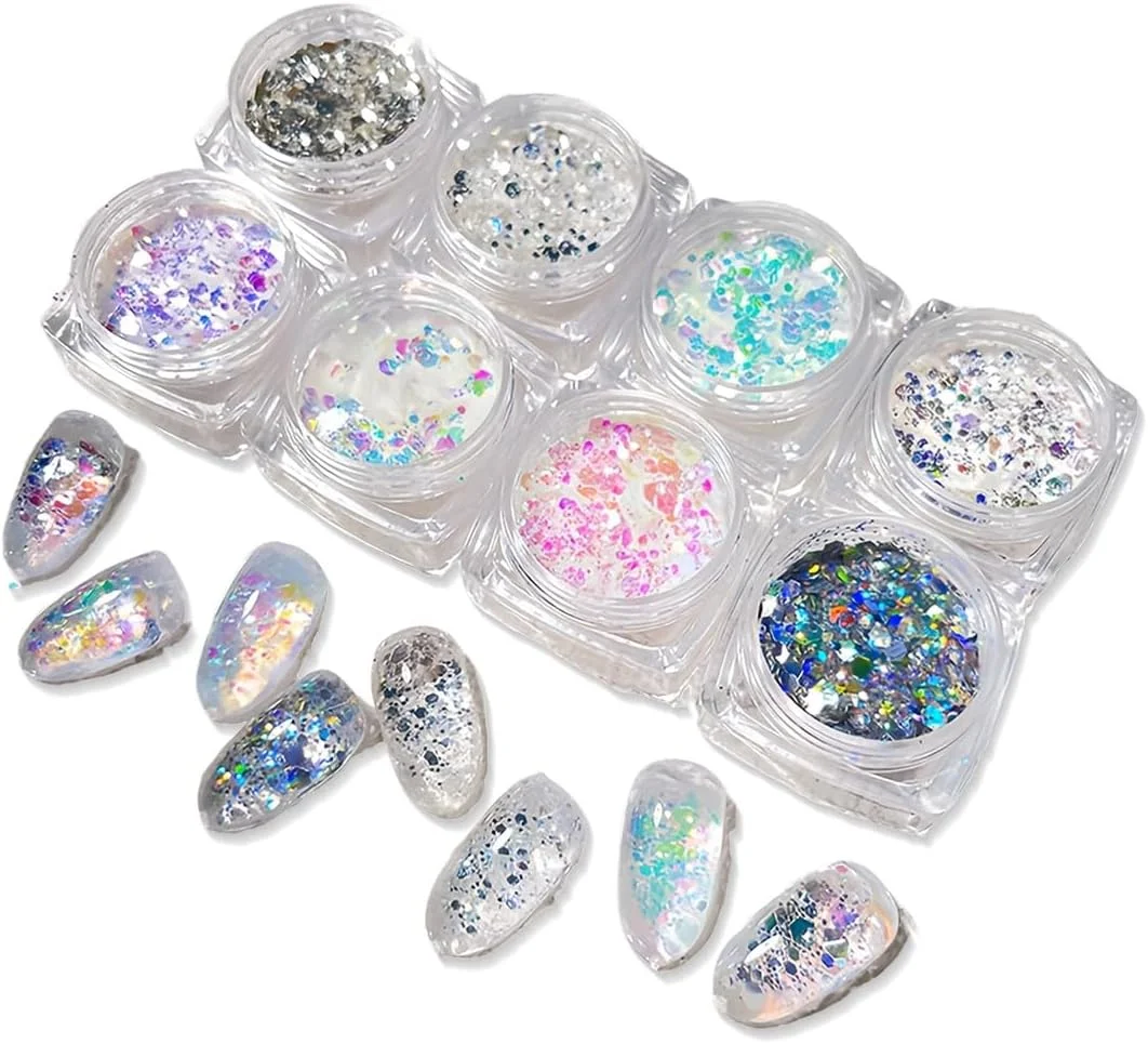 8 بسته پودر اکلیل ناخن، پودر اکلیل طراحی ناخن، 8 رنگ پولک ناخن، رنگدانه های هولوگرافیک اکلیلی برای ناخن