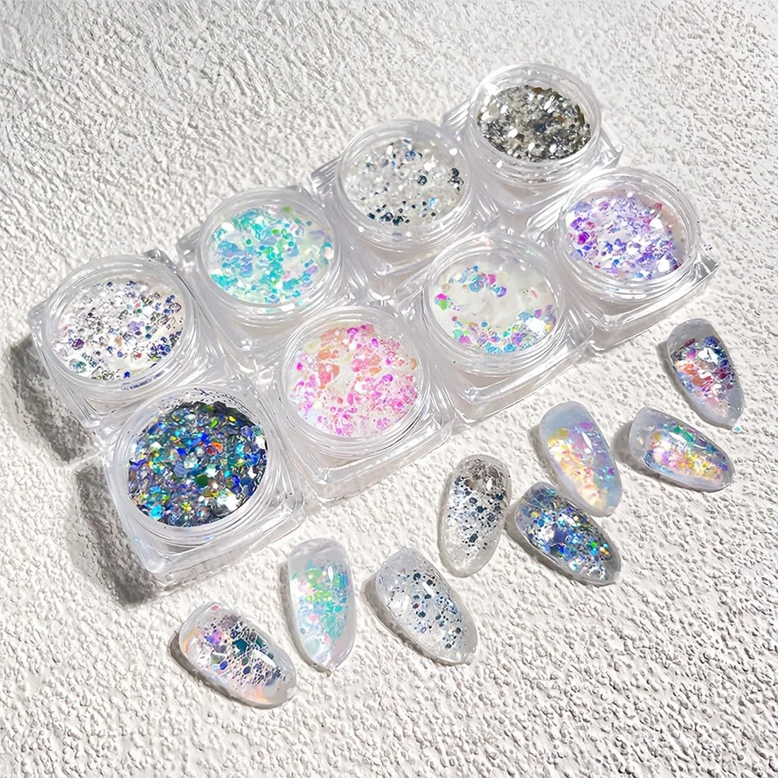 8 بسته پودر اکلیل ناخن، پودر اکلیل طراحی ناخن، 8 رنگ پولک ناخن، رنگدانه های هولوگرافیک اکلیلی برای ناخن