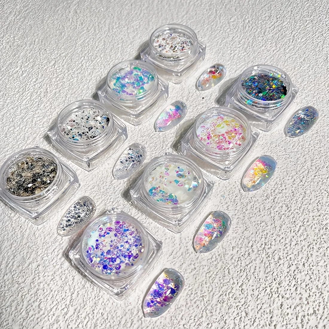 8 بسته پودر اکلیل ناخن، پودر اکلیل طراحی ناخن، 8 رنگ پولک ناخن، رنگدانه های هولوگرافیک اکلیلی برای ناخن