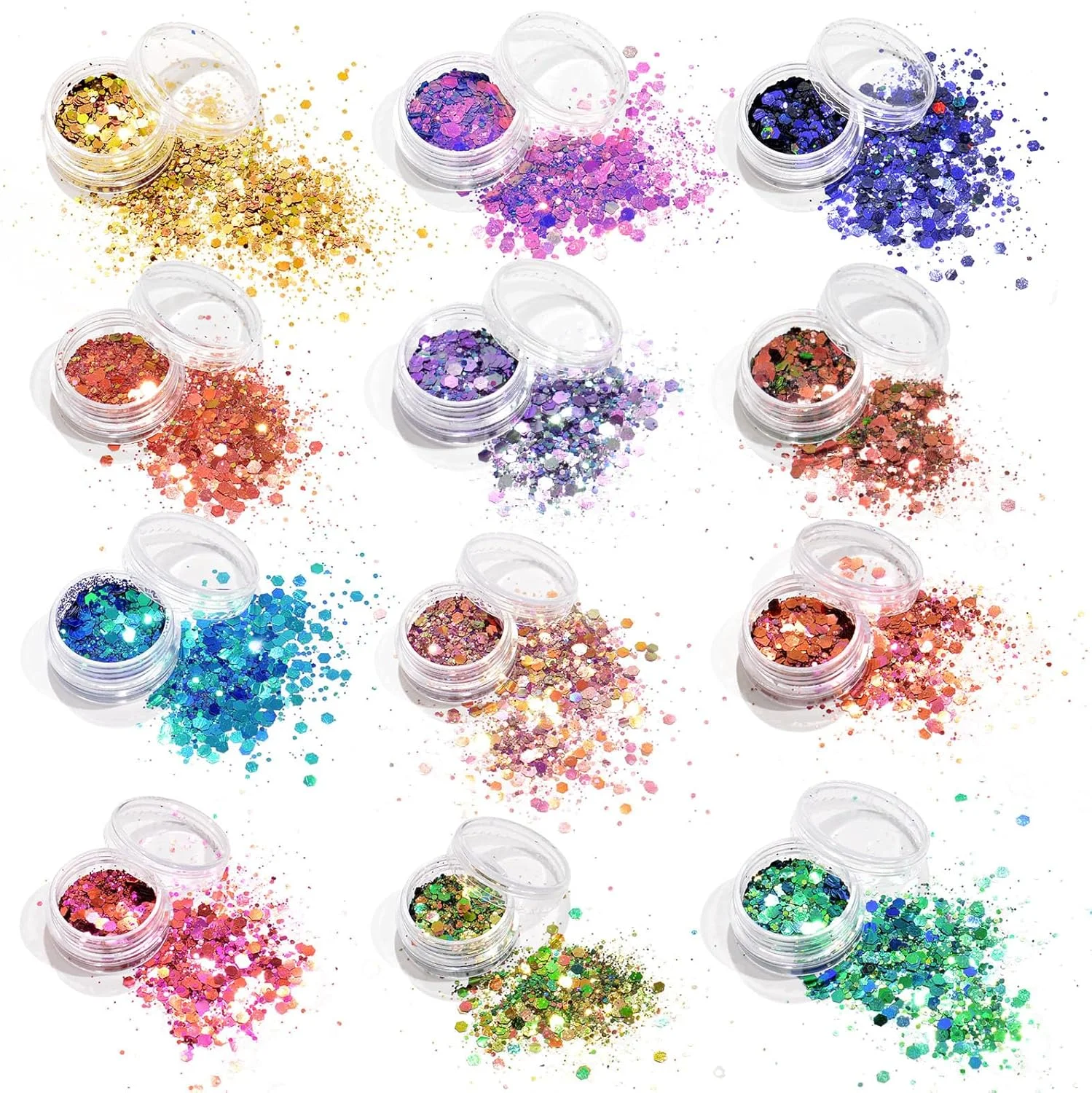 پودر اکلیل درشت، کیت پودر اکلیل 12 رنگ اکلیل هولوگرافیک درشت اکلیل براق درشت برای رزین اپوکسی، مو، صورت، ناخن، آرایش جشنواره