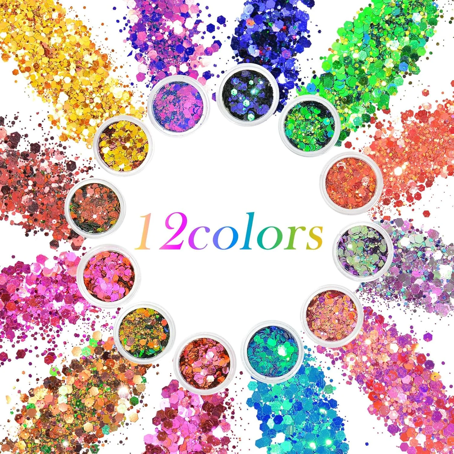 پودر اکلیل درشت، کیت پودر اکلیل 12 رنگ اکلیل هولوگرافیک درشت اکلیل براق درشت برای رزین اپوکسی، مو، صورت، ناخن، آرایش جشنواره