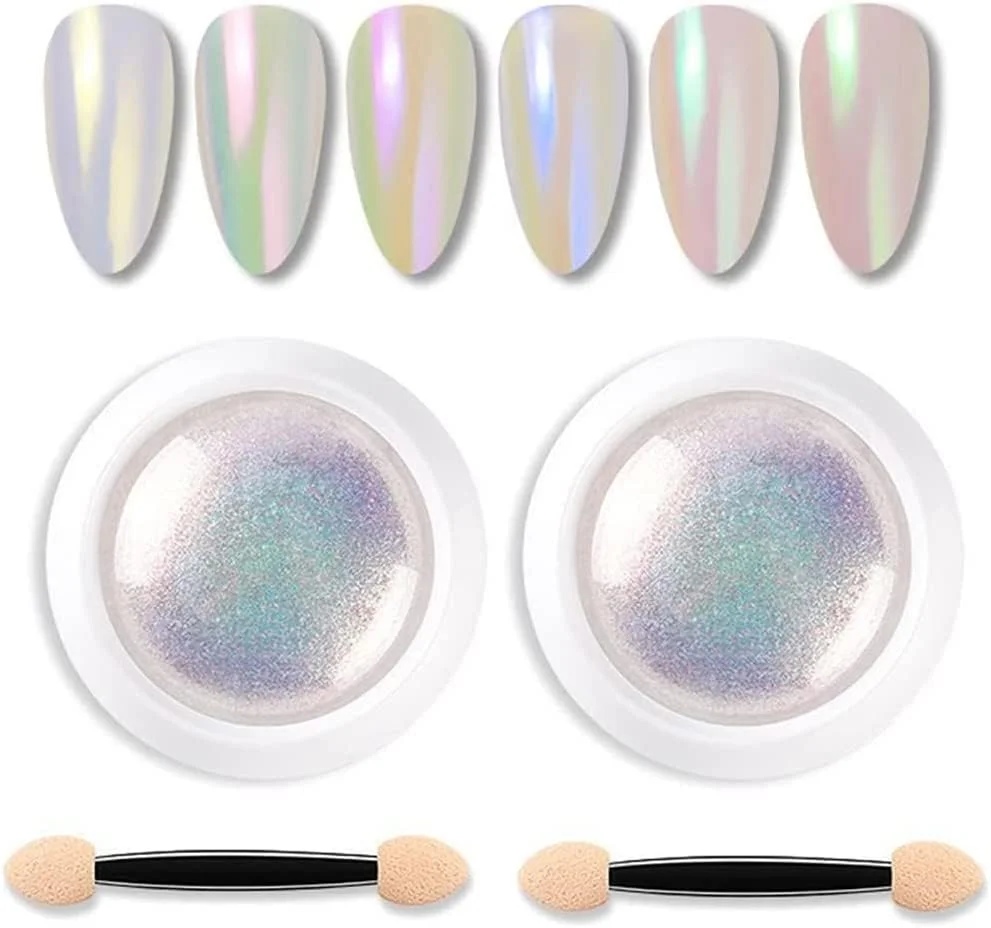 پودر ناخن کروم سفید 2 عددی، پودر درخشان ناخن رنگارنگ نئون مرواریدی پری دریایی آرورا، ست پودر اکلیل ناخن DIY، تزئینات طراحی ناخن